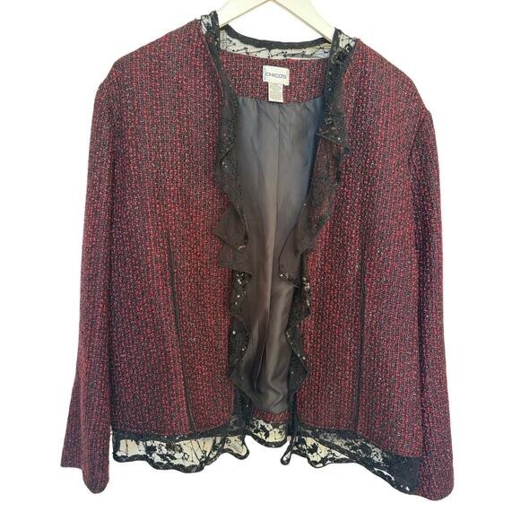 Chico’s Red and Black Tweed Jacket Size 3 - Picture 1 of 5